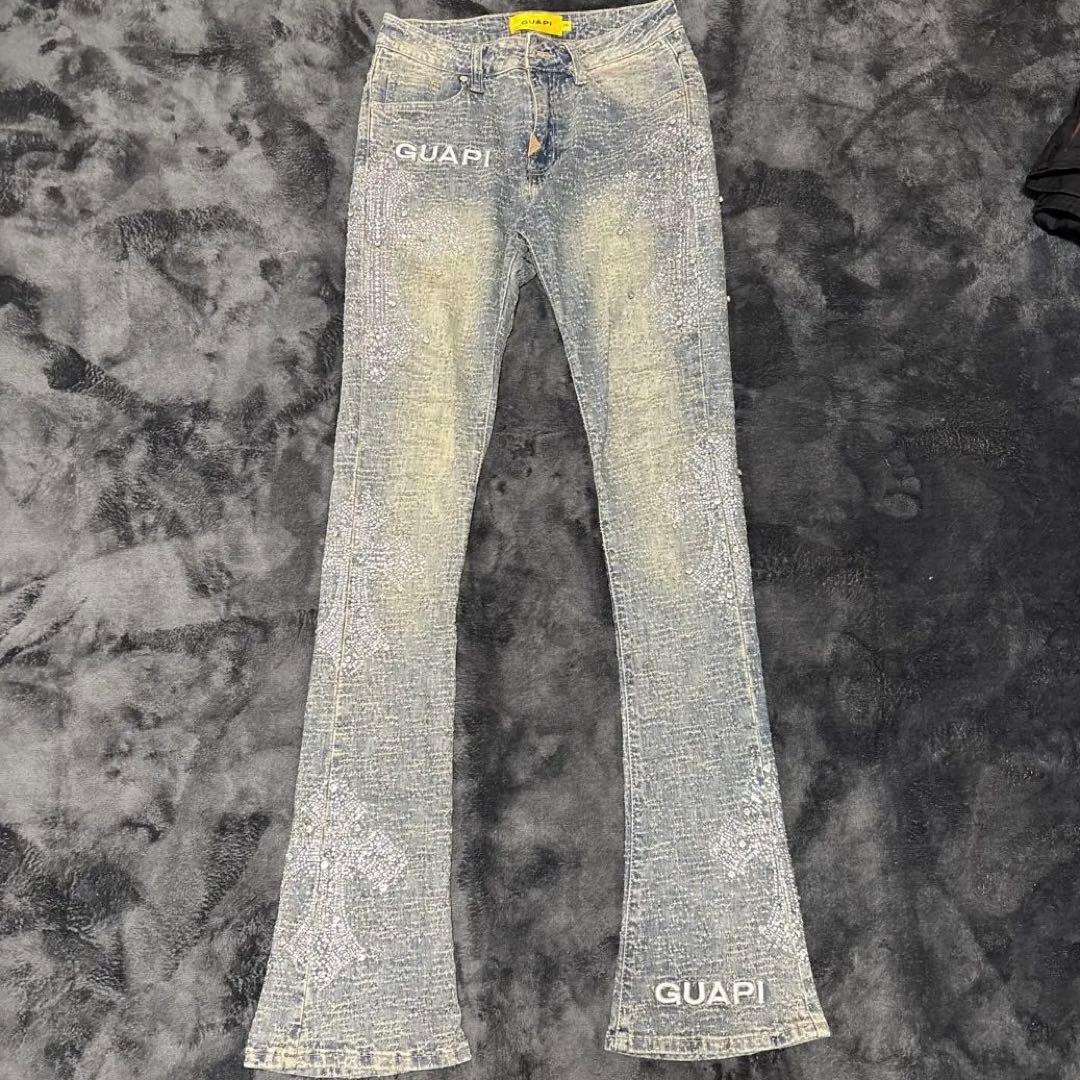 【希少】GUAPIのヴィンテージブルー ディストレスト クロス デニム　W28