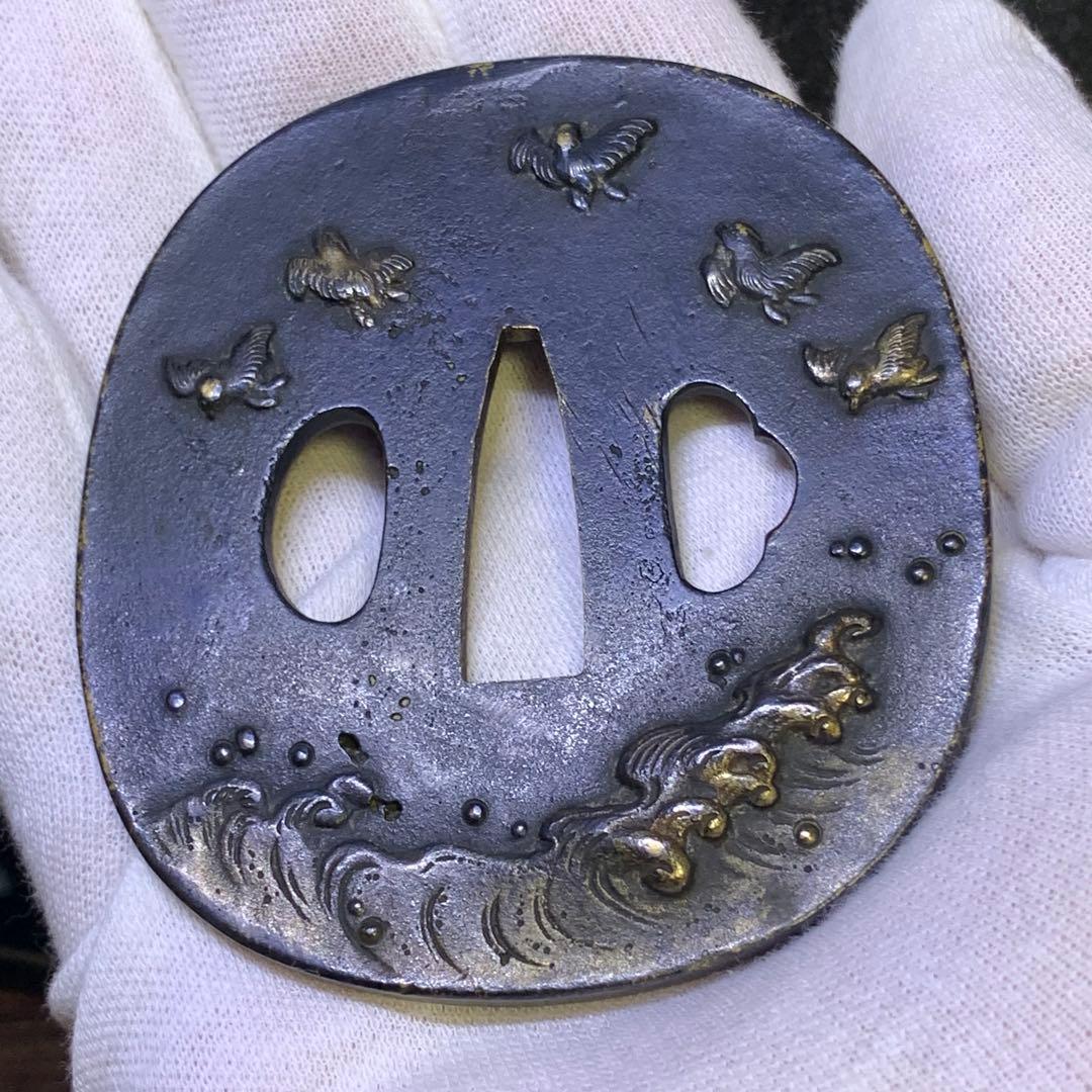 《アンティーク希少レア品！》⭐︎荒波 鳥 鍔つば　江戸期 銅 刀剣鍔♪⭐︎