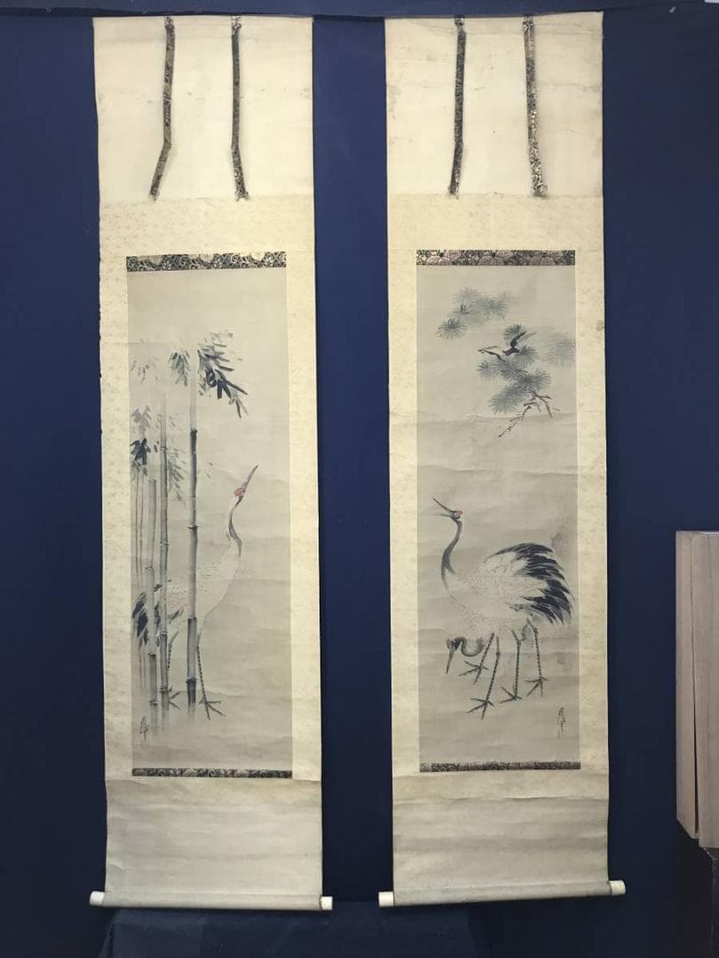 【真作】狩野周信/松竹に鶴図/双幅/松鶴図/江戸中期/掛軸/名家伝来AC-365