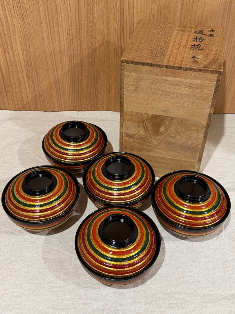 山田平安堂　平安堂造　漆器 木椀　独楽塗5個セット 木製箱付き