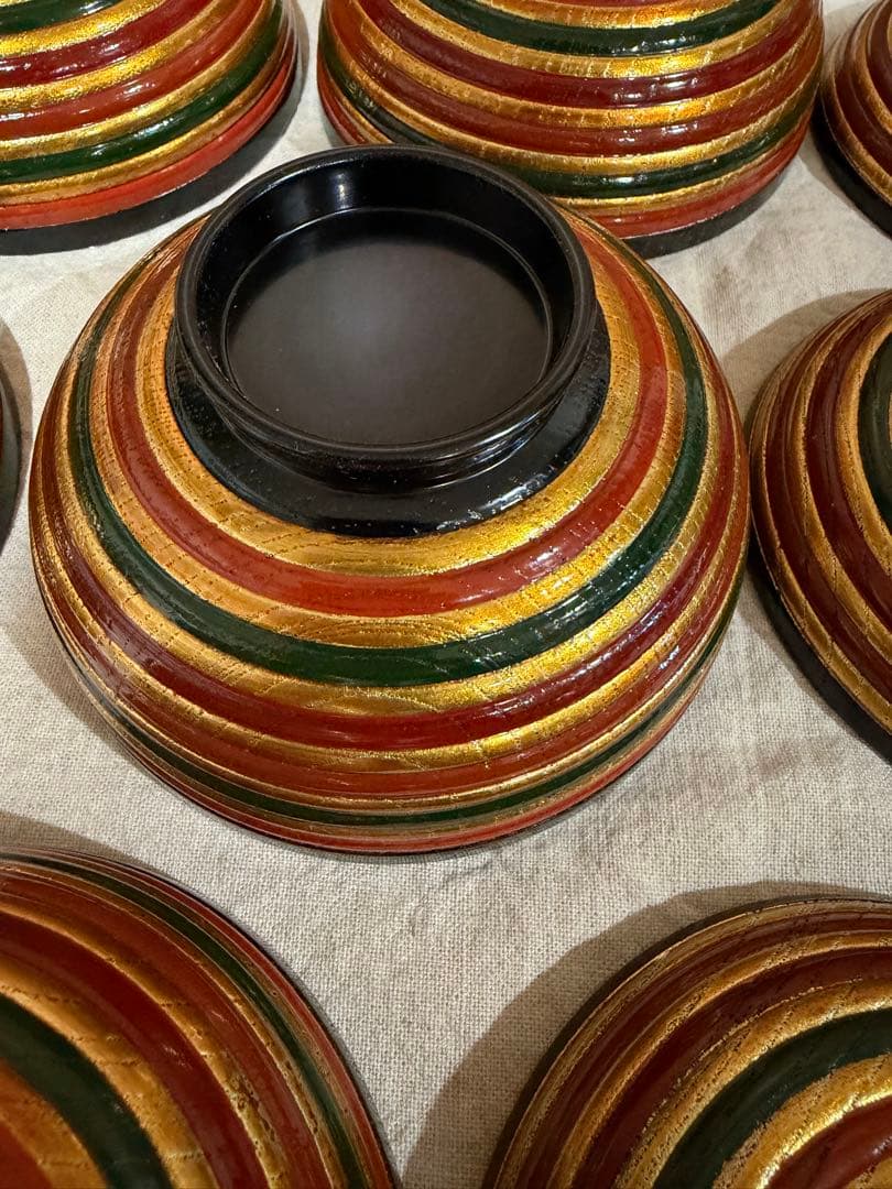 山田平安堂　平安堂造　漆器 木椀　独楽塗5個セット 木製箱付き