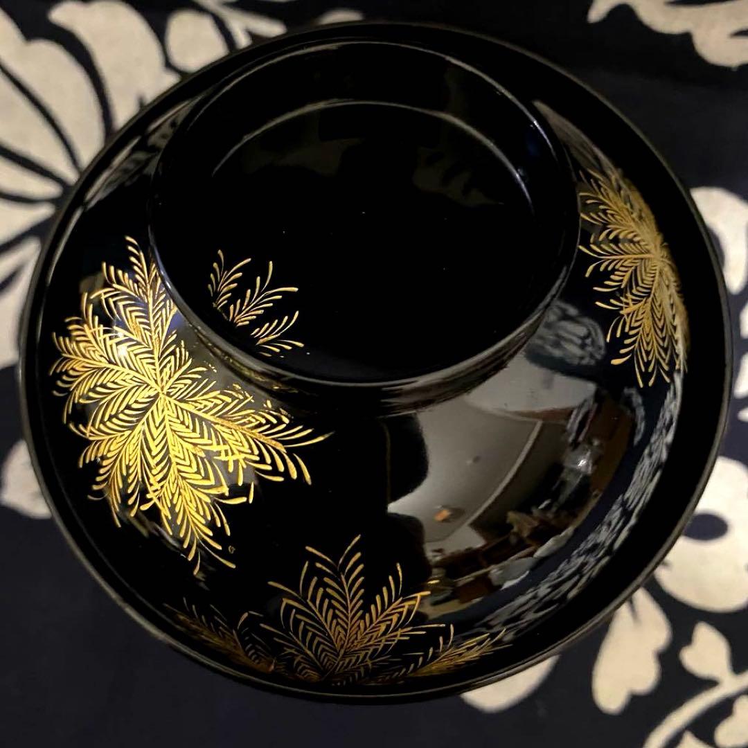 輪島塗　忍紋沈金　木製吸物椀　五客組　共箱有り　高級漆器　羊歯紋　雑煮椀・煮物椀