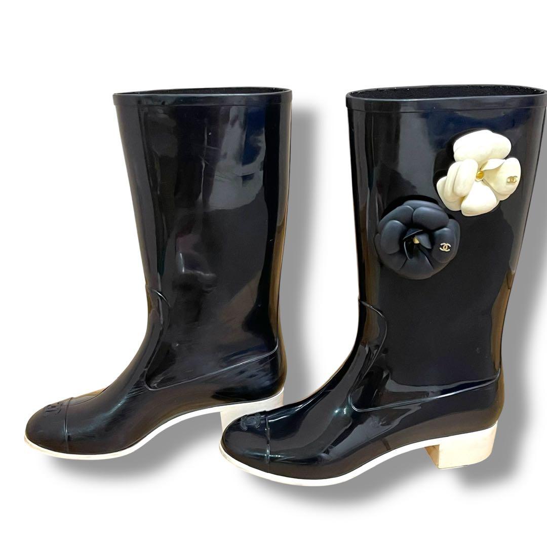 CHANEL シャネル レインブーツ カメリア ブラック 39 ココマーク 上品