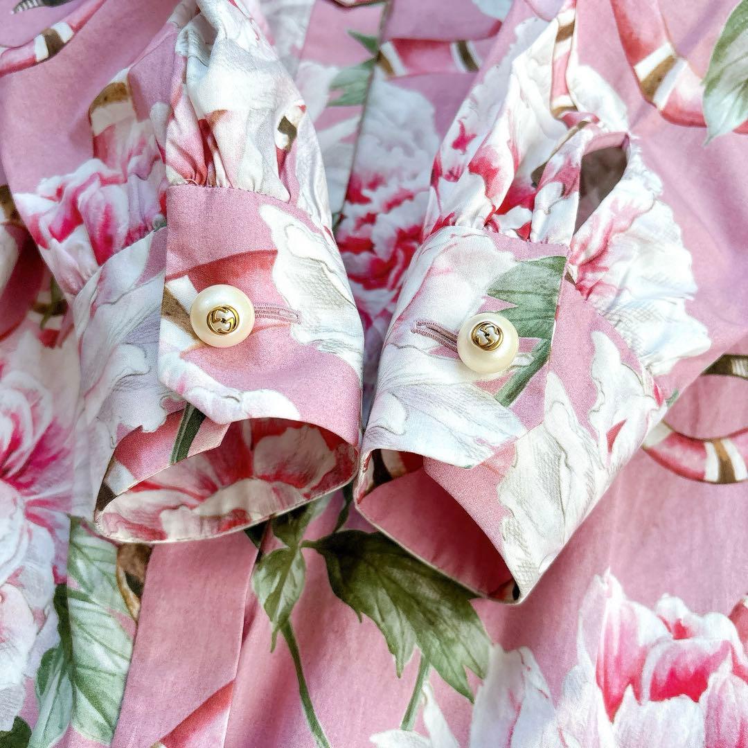 美品✨GUCCI 花柄×スネーク　フリル　リボンシャツワンピース　ミニ　ブラウス