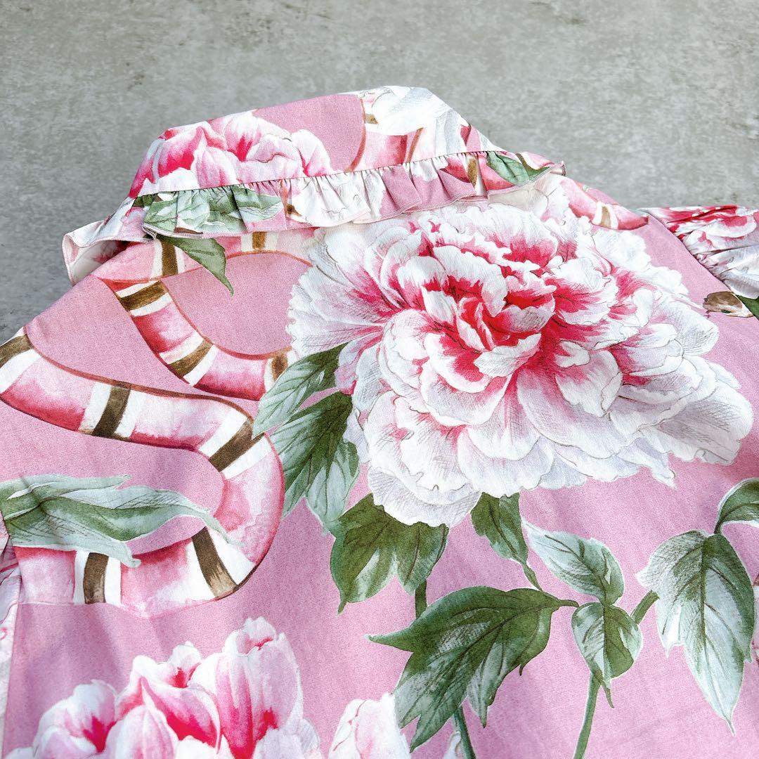 美品✨GUCCI 花柄×スネーク　フリル　リボンシャツワンピース　ミニ　ブラウス