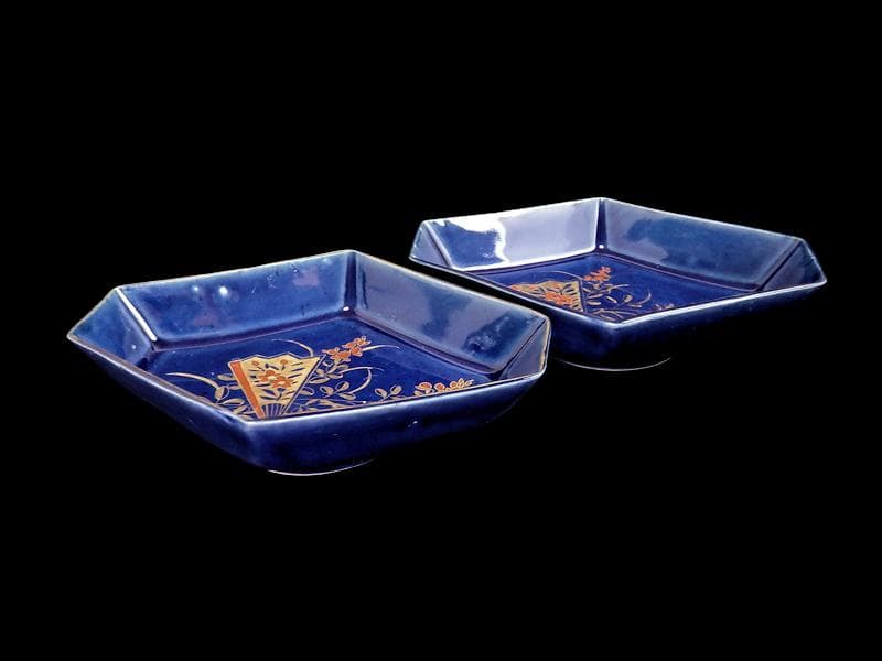 古伊万里　瑠璃　扇に桔梗の図　菱形変形皿　２客　D039AS-DAm