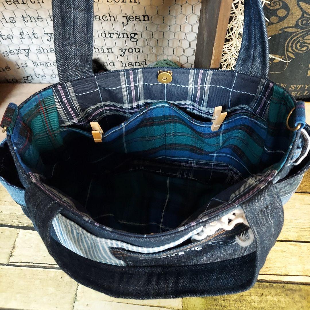 刺繍デニムバック　No.638　デニムリメイク　チューリップバック　刺繍バック