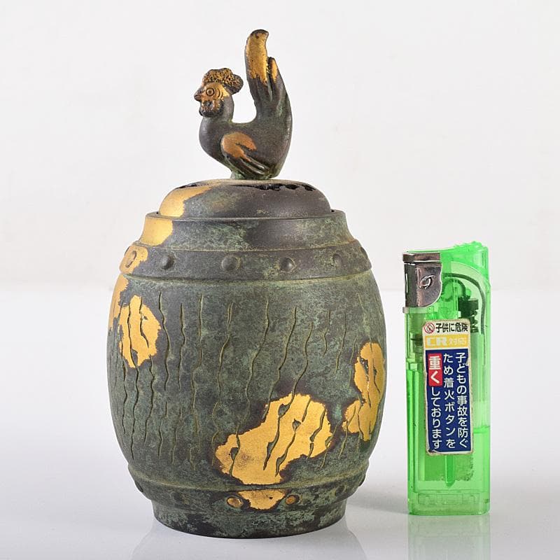 平安　秦蔵六造　鍍金銅　諌鼓　香炉　共箱　T R8037