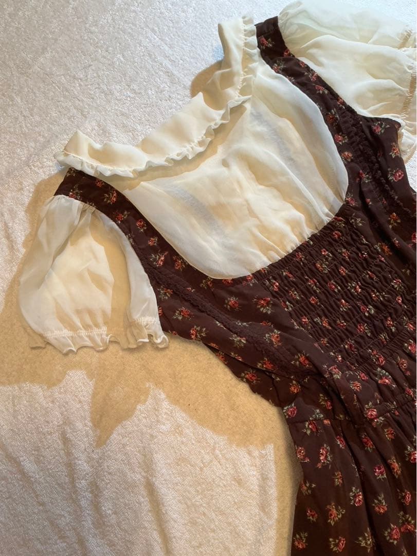 LIZLISA 希少 BIGリボンAラインワンピース 重ね着風 ローズ柄 姫カジ