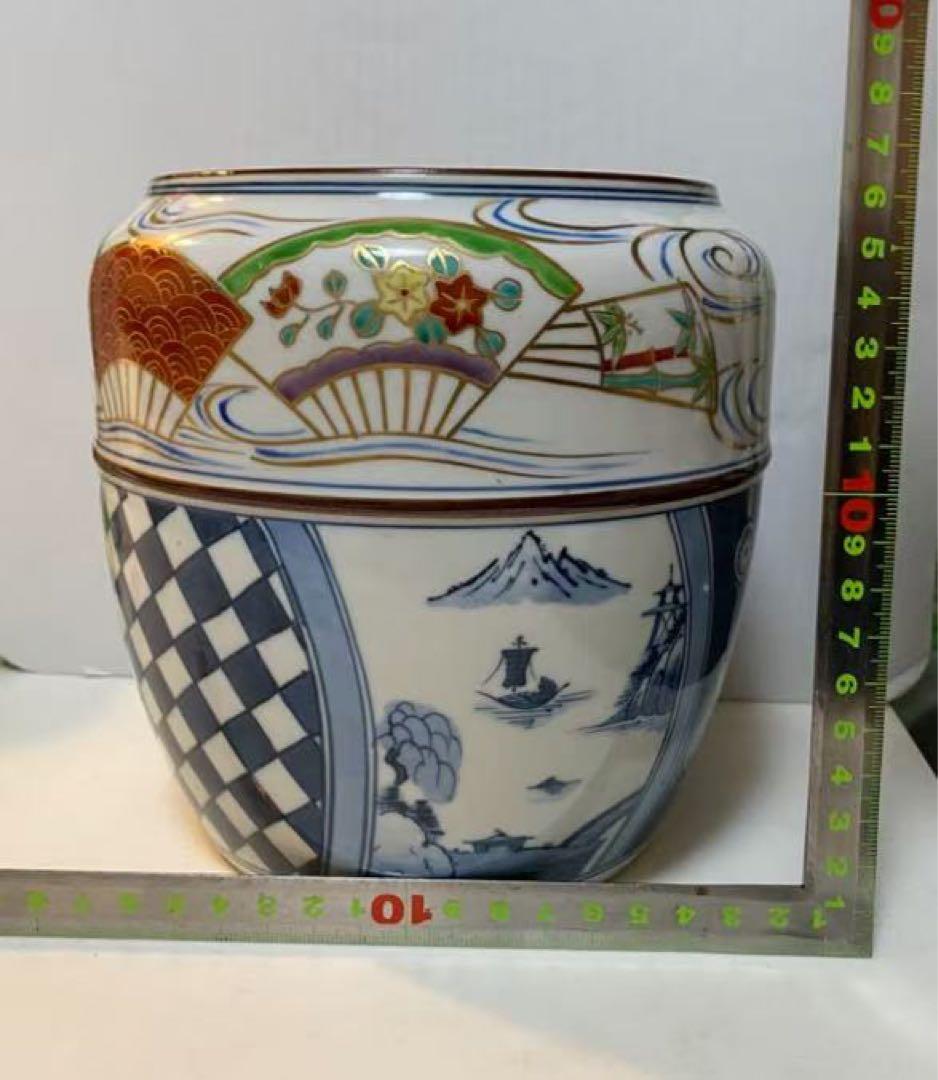 染付金蘭手山水文扇面文水指建水蓋 置物 時代物