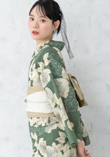 プチサイズS◆ノー皺加工最高級クールパス◆翡翠緑の花古典浴衣140～155cm向