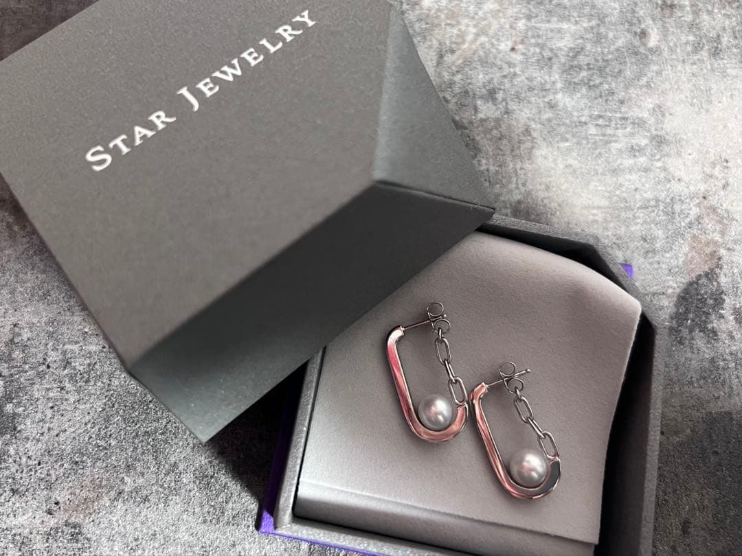スタージュエリー　グレーパールクリップチェインフープシルバーピアス