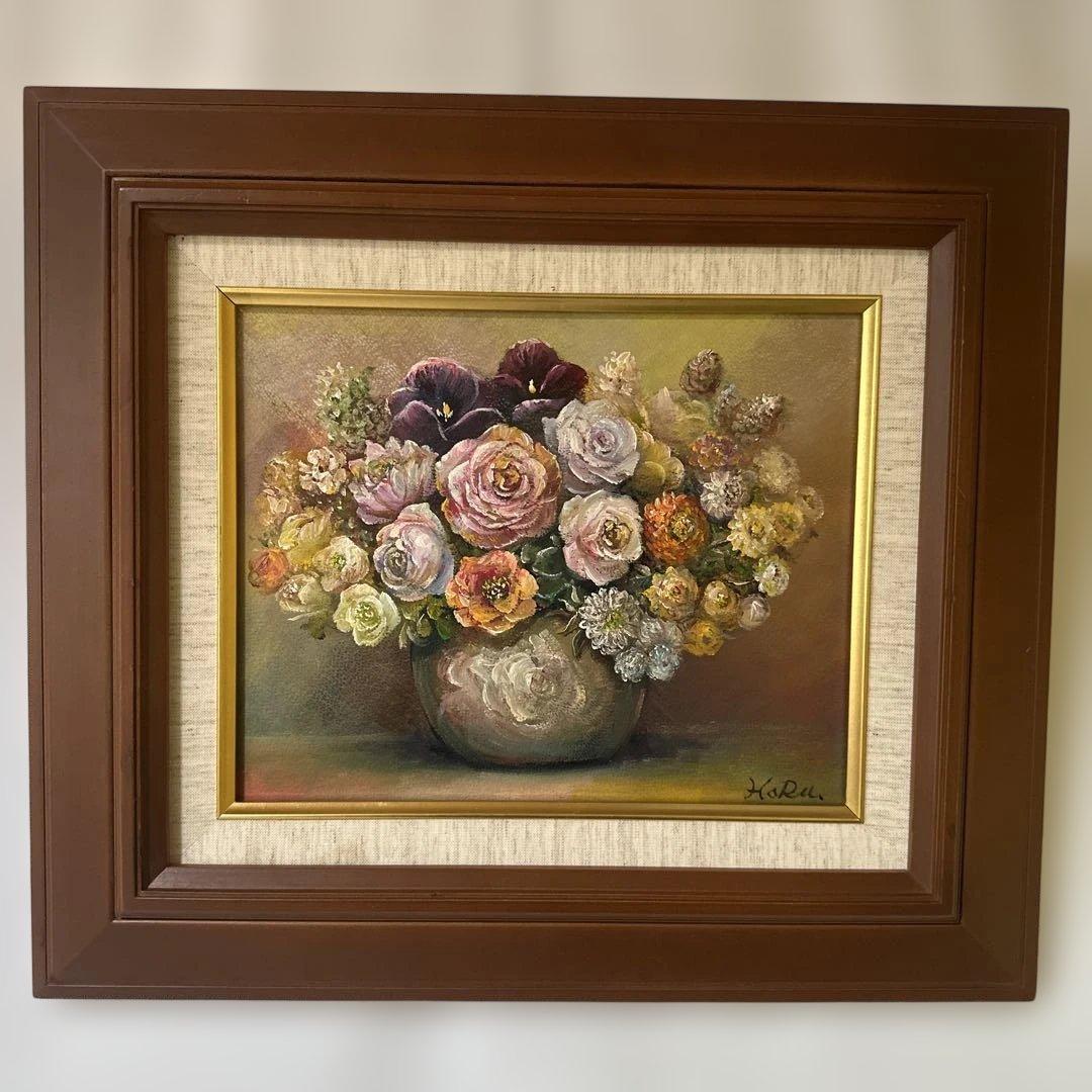 肉筆　真作　絵画　花瓶の薔薇の油彩画　美術品　ア-ト　インテリア　静物画