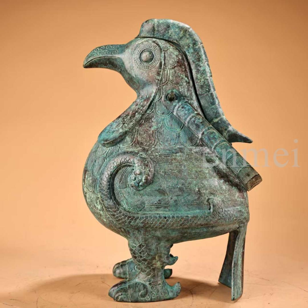 中国古美術・珍品旧藏・青銅製提梁鳥壺・鋳造・鏨刻・純銅製・酒具・風水開運・置物