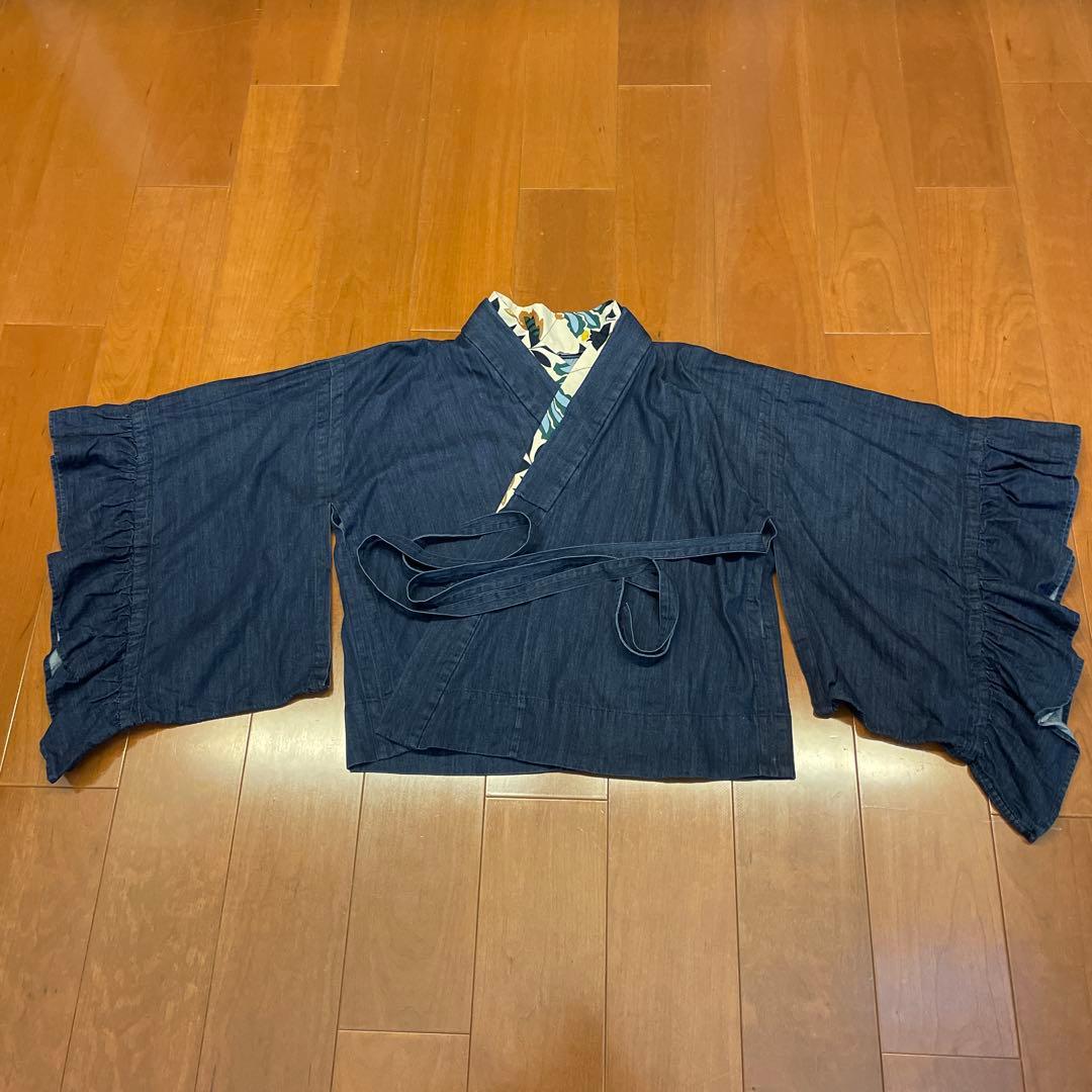 浴衣　二部式　作り帯ち付き　デニム　ネイビー　L〜LL