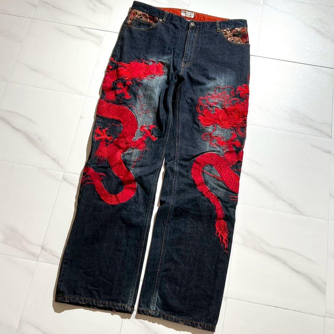 【美品✨希少】絡繰魂 流儀 デニムパンツ 2XLサイズ 龍 和柄 刺繍 ブルー
