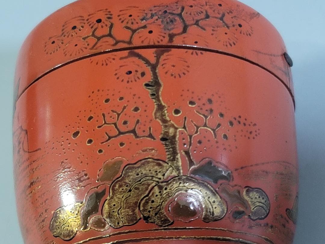 中国 朱塗 人物紋 時代棗 仕服 茶道具 DT612