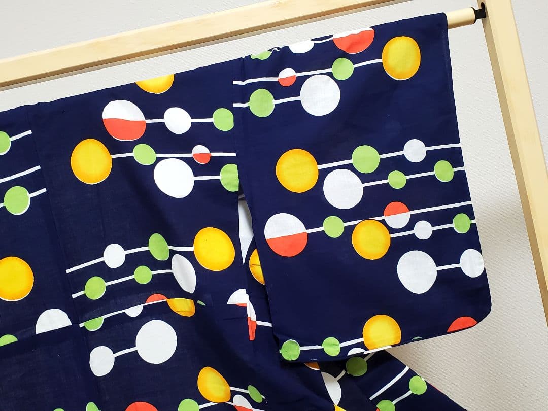 A 美品 浴衣 水玉模様 紺色 マルチカラー 綿 夏物 着物