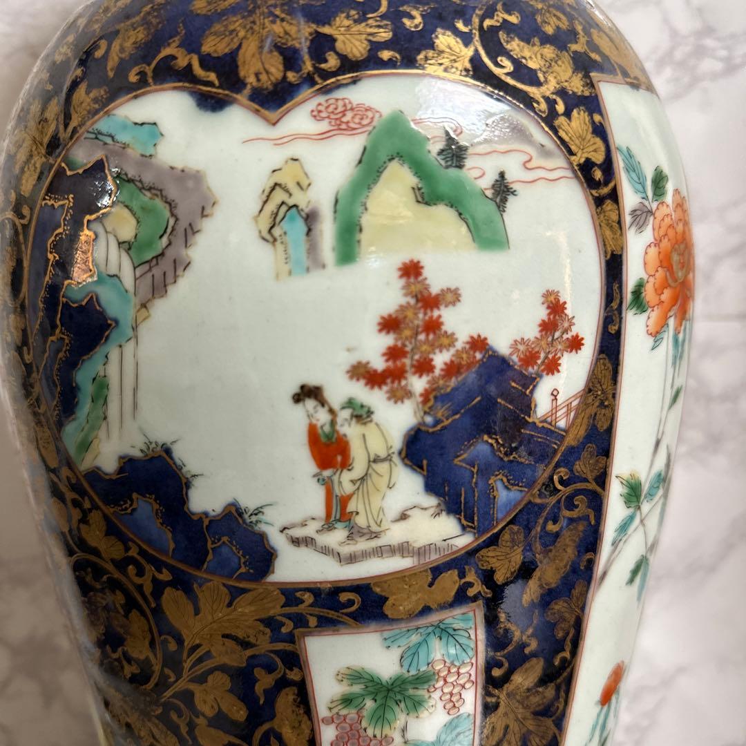 献上手、在名、特大、50センチ、古伊万里、金彩花鳥、人物、図、大花瓶。