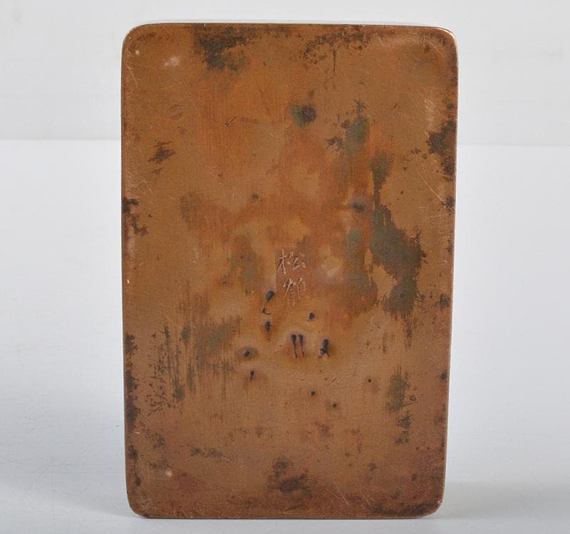中国美術　古銅　山水人物刻　墨箱　松鶴銘 C R4316