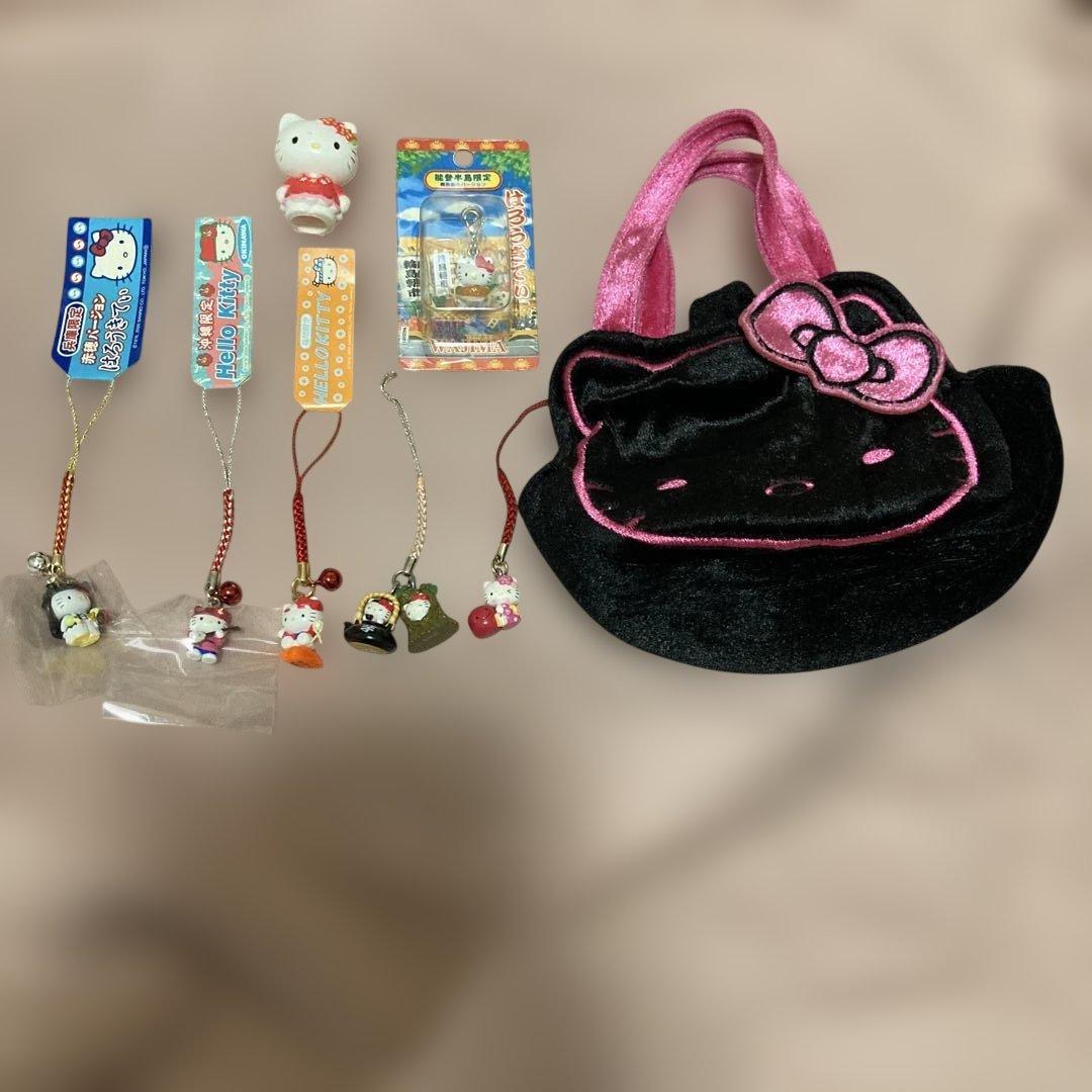 キティちゃん根付けストラップ、指人形、ミニバック