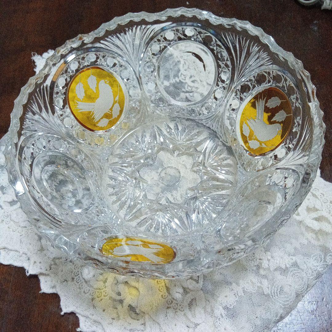 ホフバウワー イエローバードクリスタルガラス ボウル 小鳥アンティーク　西ドイツ