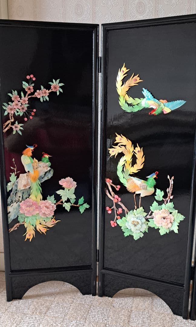 アンティーク骨董品 螺鈿細工 貝細工 花鳥風月 パーティション 屏風 漆塗り