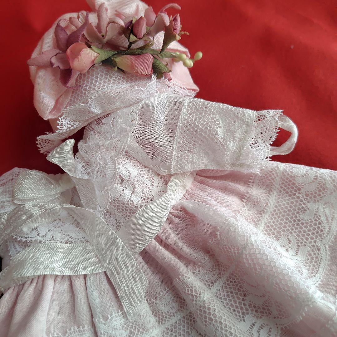 30cm位のドール用ドレス 淡〜いピンクアンティークドレスとボネ