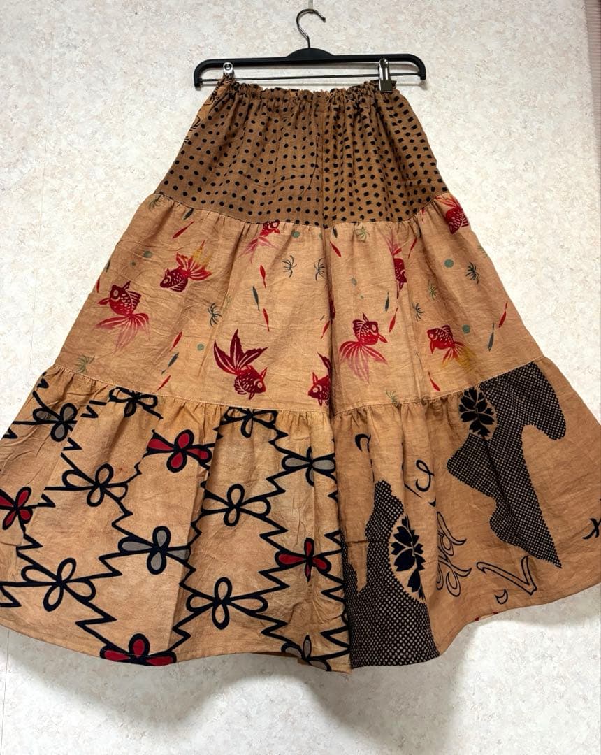 柿渋染め手ぬぐいと浴衣を使った3段ティアードパンツ　金魚　豆絞り