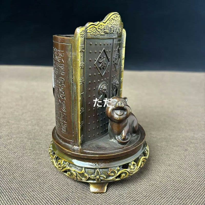 銅製 百福肥猪拱門筆筒 文房置物·案頭 書道具 文房具 現代工芸品 美術品