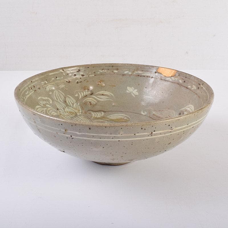 朝鮮美術　李朝　高麗青磁　象嵌花文碗　金継ぎ直し　V　R8968