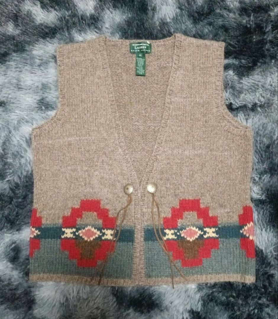 ラルフローレン　90s〜ネイティブ柄ベスト手編み　ウールニット　XL