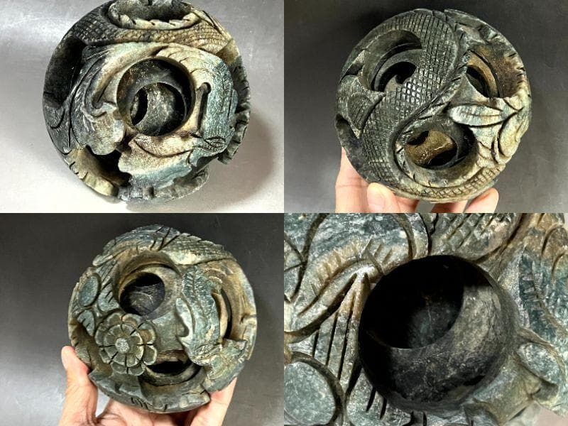 置物■玉透かし彫り 龍 蛇 花 掘り 石の彫刻 古木箱入り 丸型 時代物 骨董■