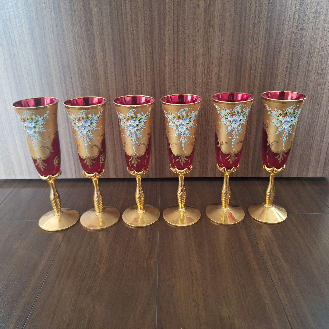 ベネチアングラス　花柄 シャンパングラス 6個セット　ムラノグラス