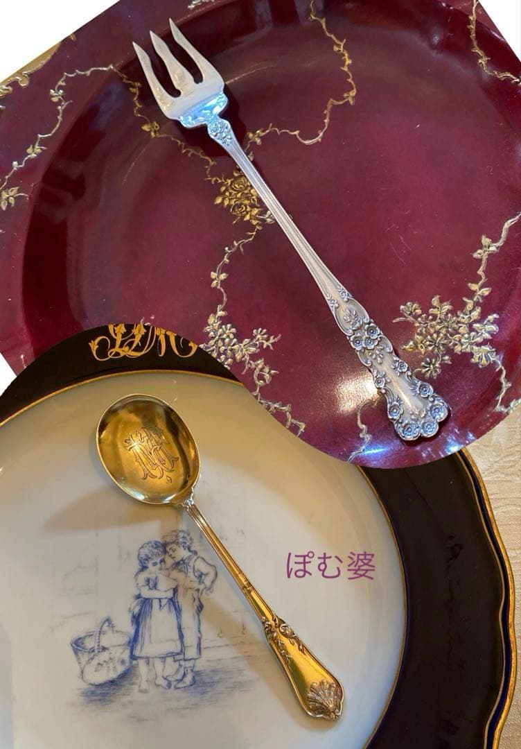 【純銀カトラリー／２点】①米国／フォーク②フランス／アイスクリームスプーン