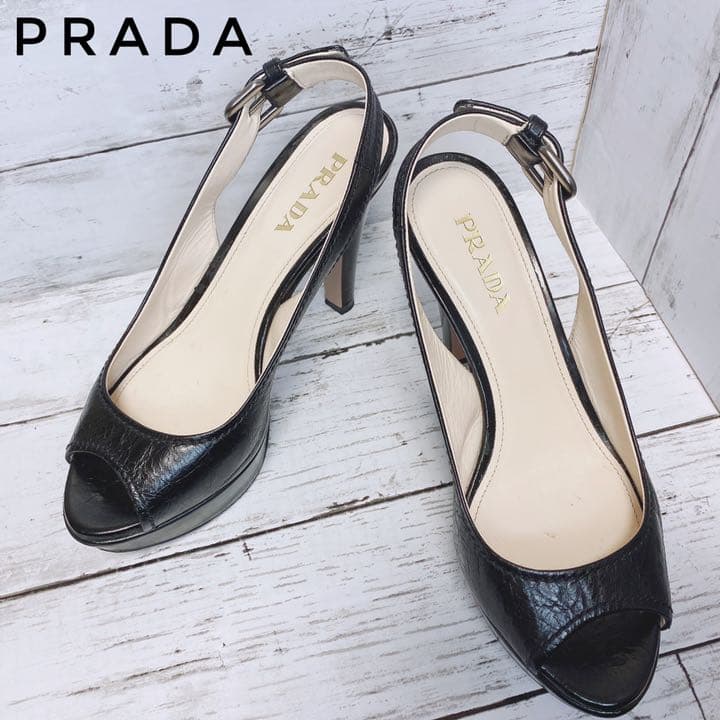 ☆送料無料【プラダ】サンダル　パンプス　レザー　黒　オープントゥ　23.5cm