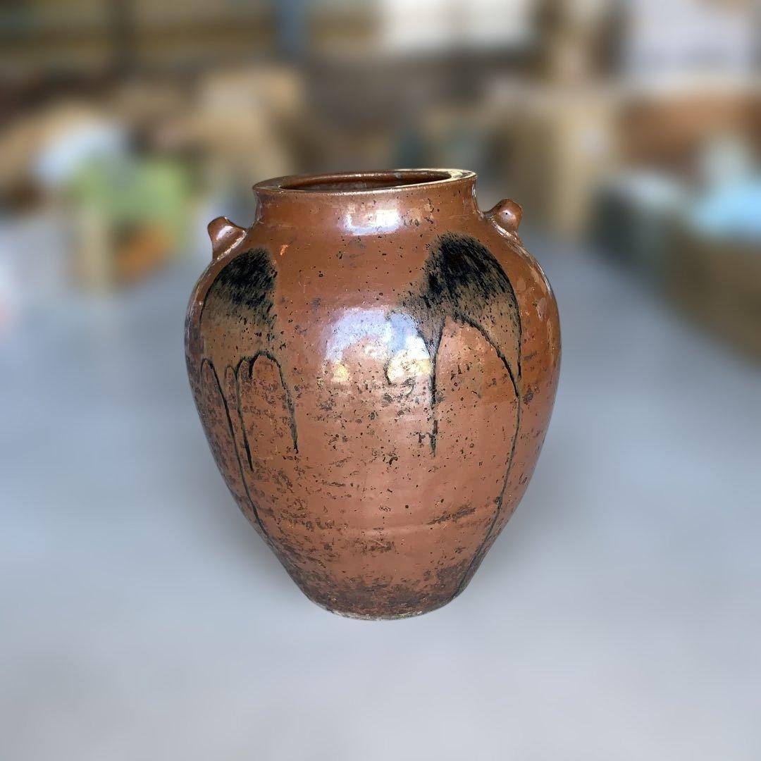 茶色の陶器製，百年灰釉双耳壺 特大32.6㎝ 日本古陶 古美術品 旧家収蔵品