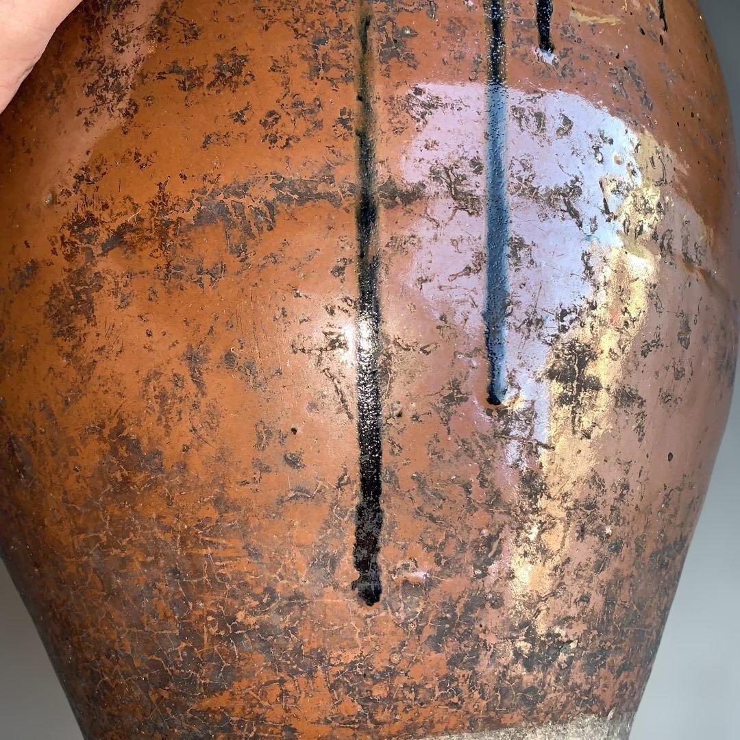 茶色の陶器製，百年灰釉双耳壺 特大32.6㎝ 日本古陶 古美術品 旧家収蔵品