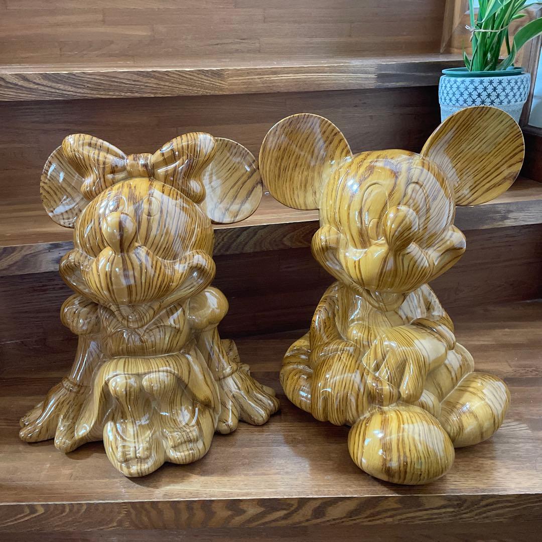 ディズニー　ミッキー　ミニー　木目調　貯金箱　置物