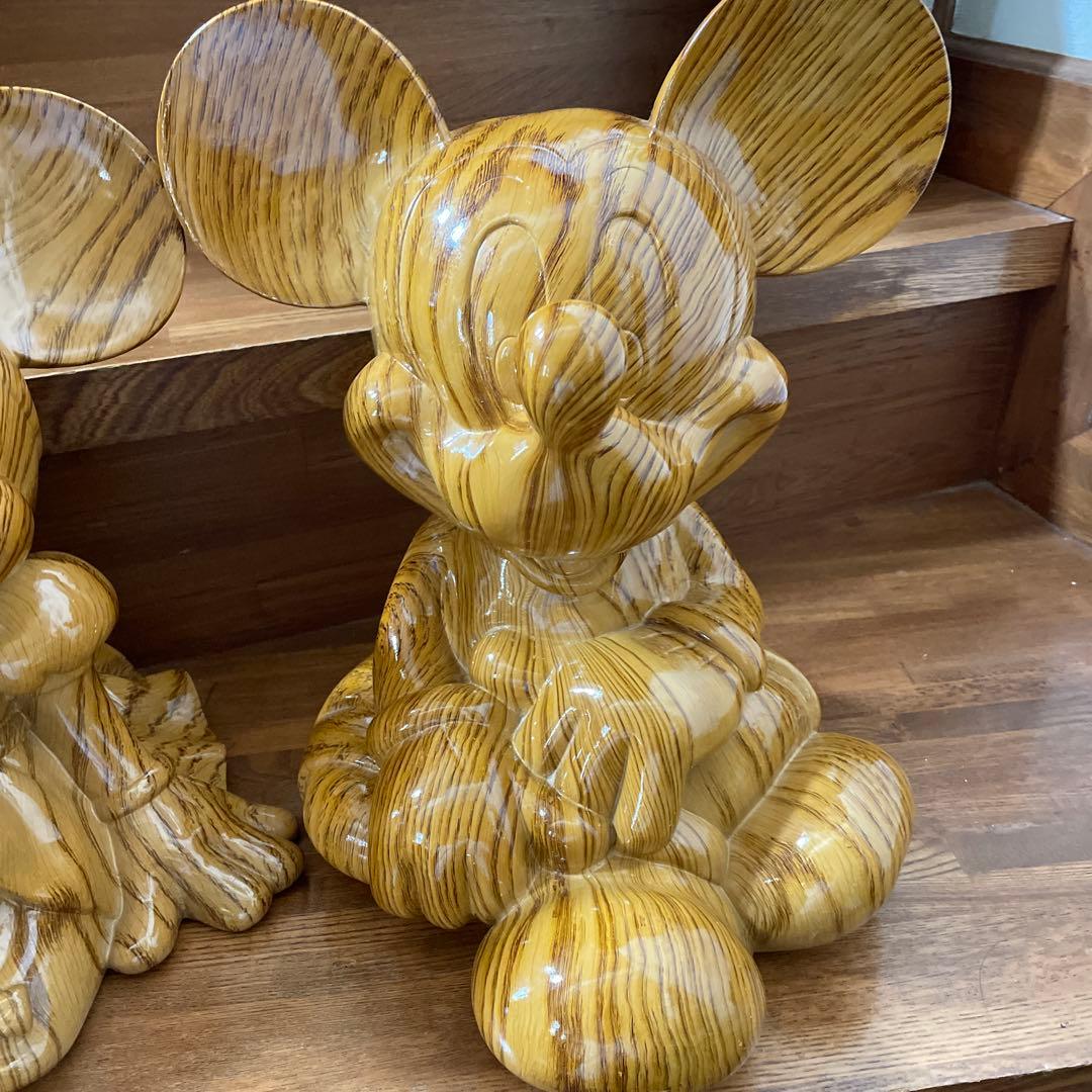 ディズニー　ミッキー　ミニー　木目調　貯金箱　置物