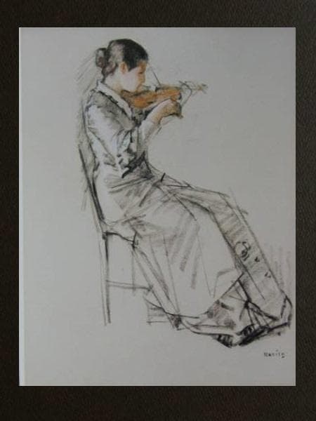 小磯良平、【バイオリンを弾く女】、希少な限定額装用画集画、新品高級額 額装付