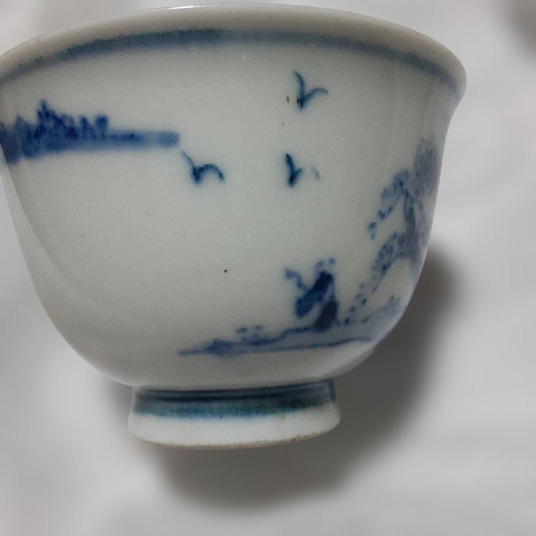 青い絵柄の白磁茶碗有田焼古伊万里染付 猪口