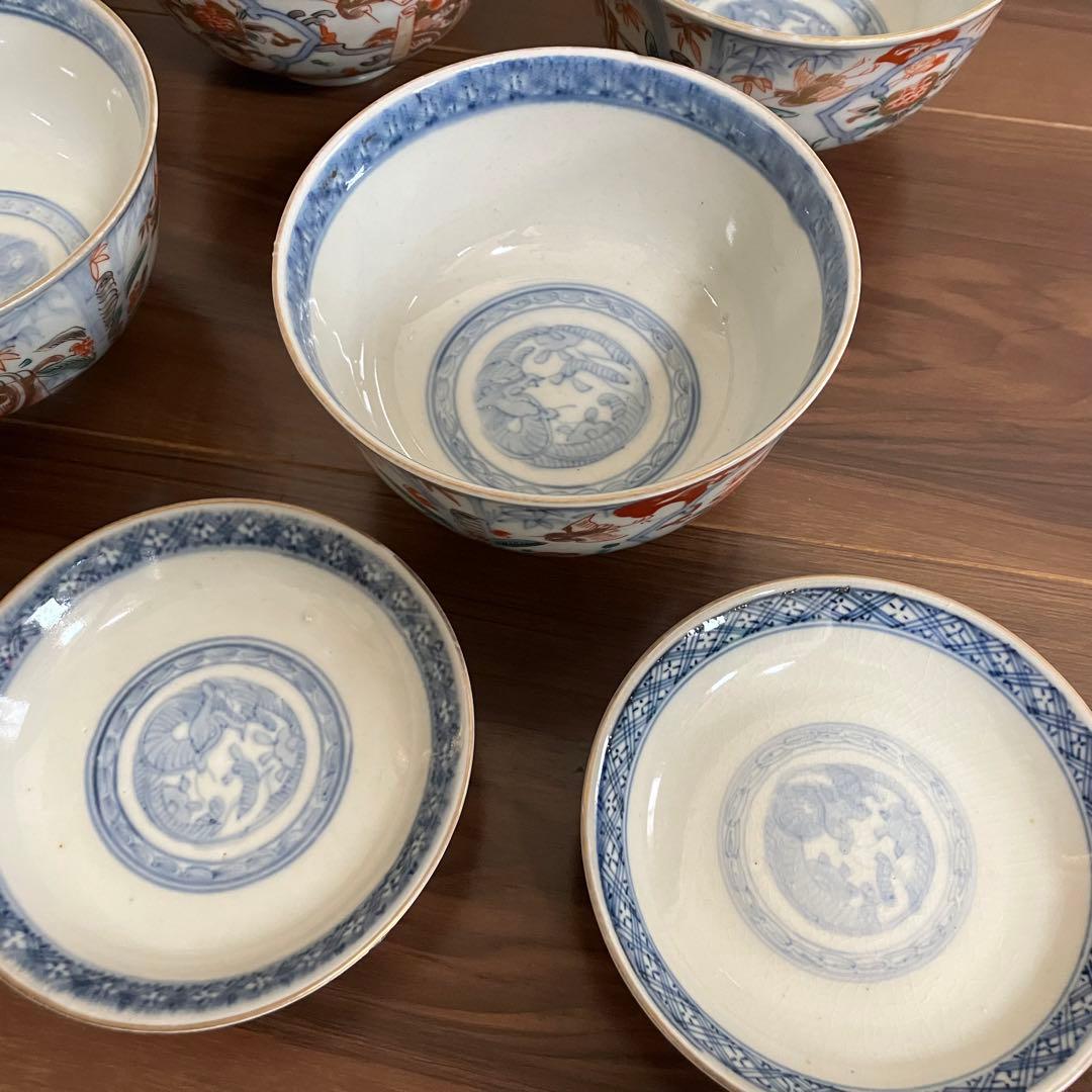 古伊万里　蓋物　五客セット　色絵　茶碗