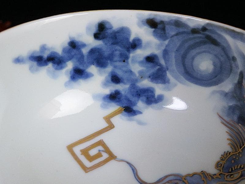 古伊万里　染錦　雲龍に雷紋の図　大振蓋茶碗　E255AS-fbjb