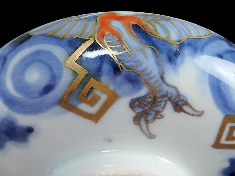 古伊万里　染錦　雲龍に雷紋の図　大振蓋茶碗　E255AS-fbjb