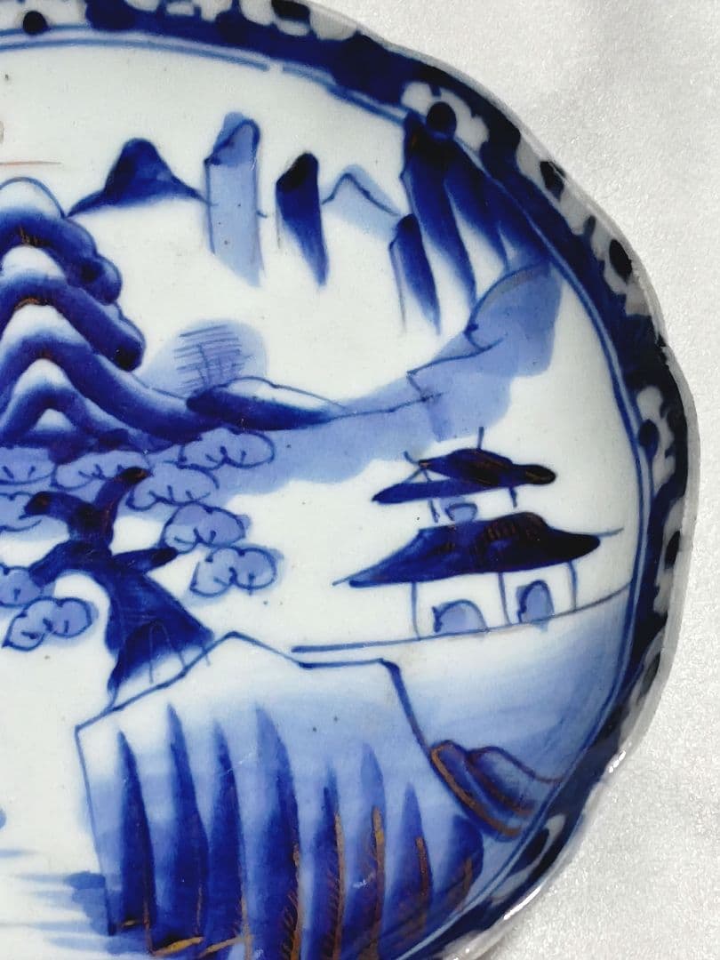 古伊万里　青磁　中皿　皿　染付　山水文　金彩　輪花　3客セット