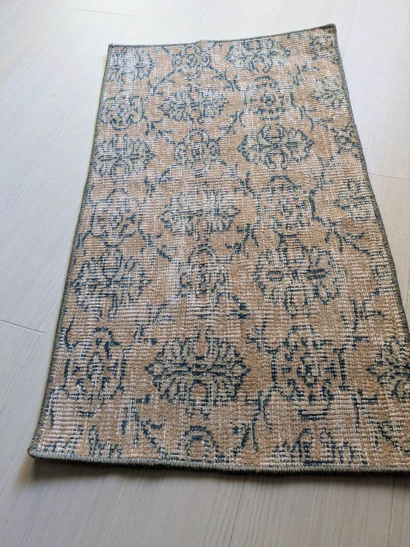 45×77 ベージュ地グリーン紋章柄　トルコヴィンテージラグ（ミニサイズ）