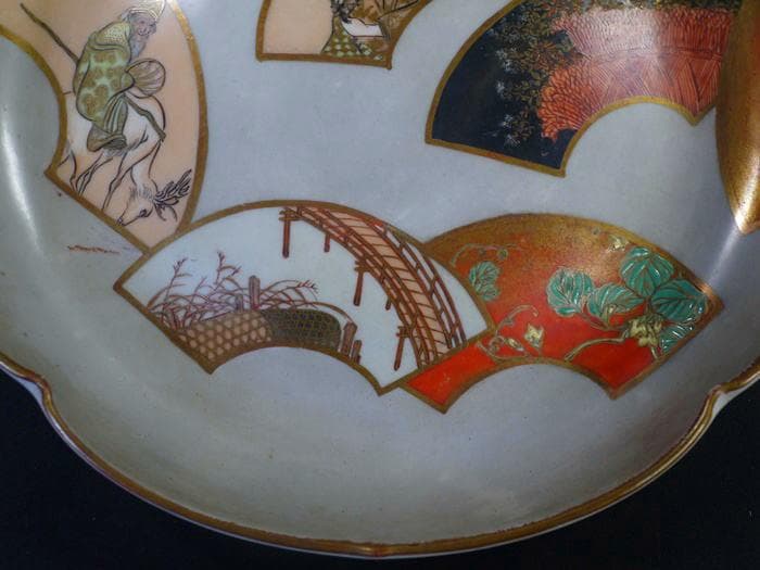 九谷焼　清閑　輪花七寸浅鉢　お福さん御所車寿老人　扇面図 清水清閑　状態良美品