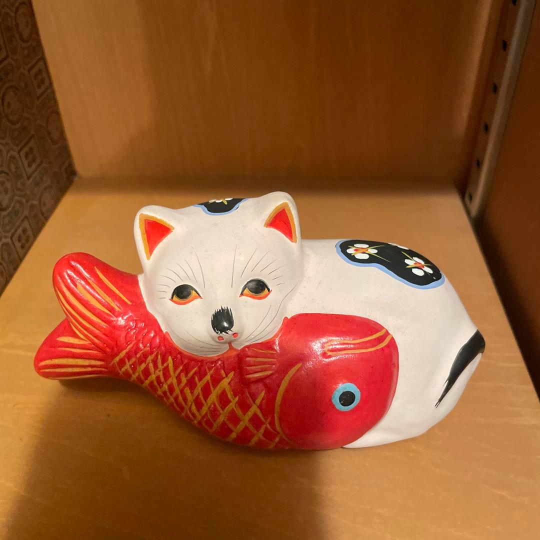 金魚咥え猫　陶器製　郷土玩具　堤人形