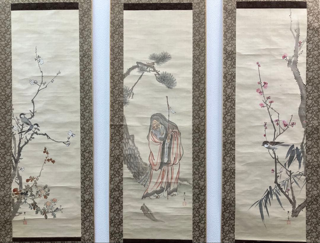 松村呉春　3幅（白梅・寿老人・赤梅）　絹本　掛軸